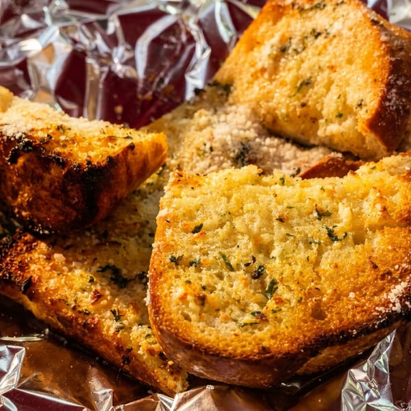 Golden herb-crusted bread slices arranged on crinkled aluminum foil.
