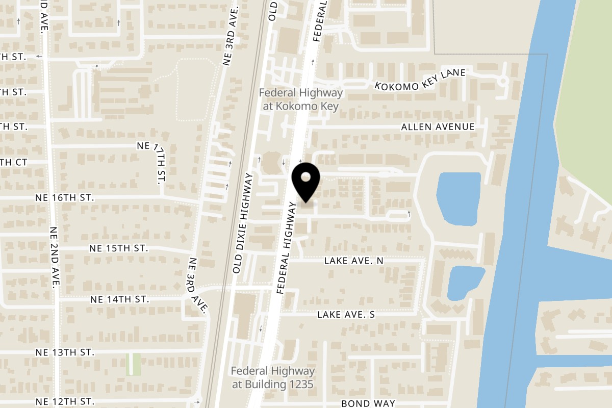 Map showing the location of Mattiello's House of Lasagna on 1601 N Federal Hwy in Delray Beach